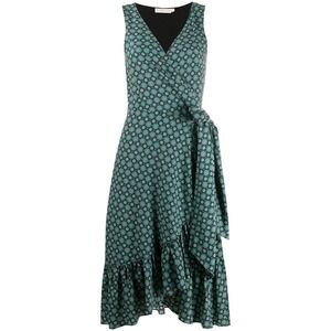 Tory Burch Teal Medallion Print Ruffle Wrap Midi Dress in Black Green Size 6